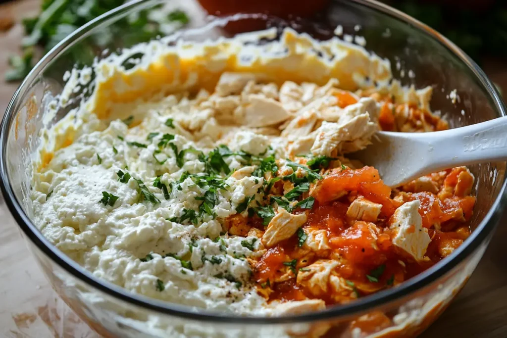 Cottage Cheese Buffalo Chicken Dip being stirred in bowl.