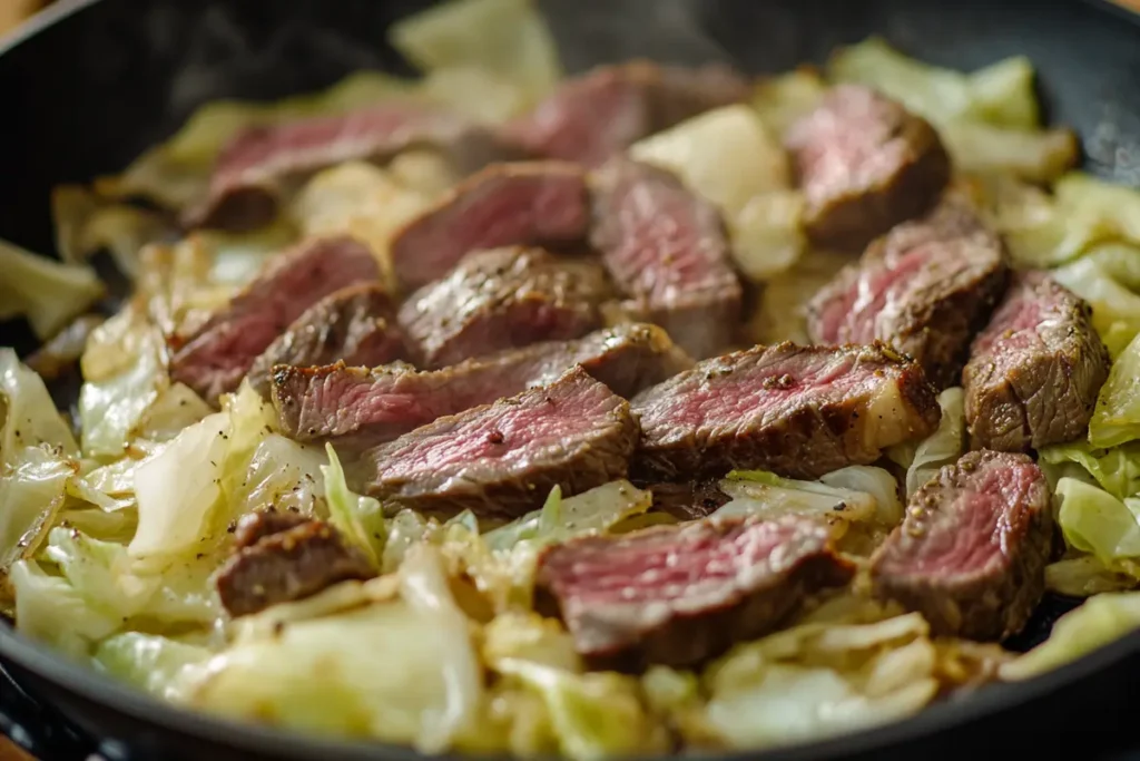 A pan with steak and cabbage cooking.