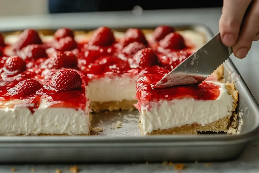 Strawberry cheesecake bars being cut