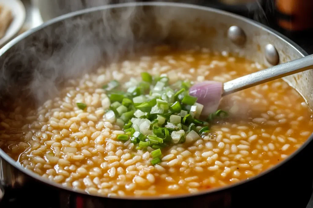 Cooking a recipe for mushroom risotto Italian