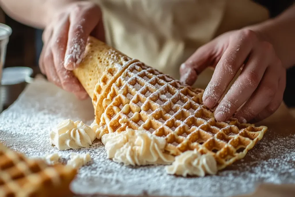 Shaping a waffle cone recipe.