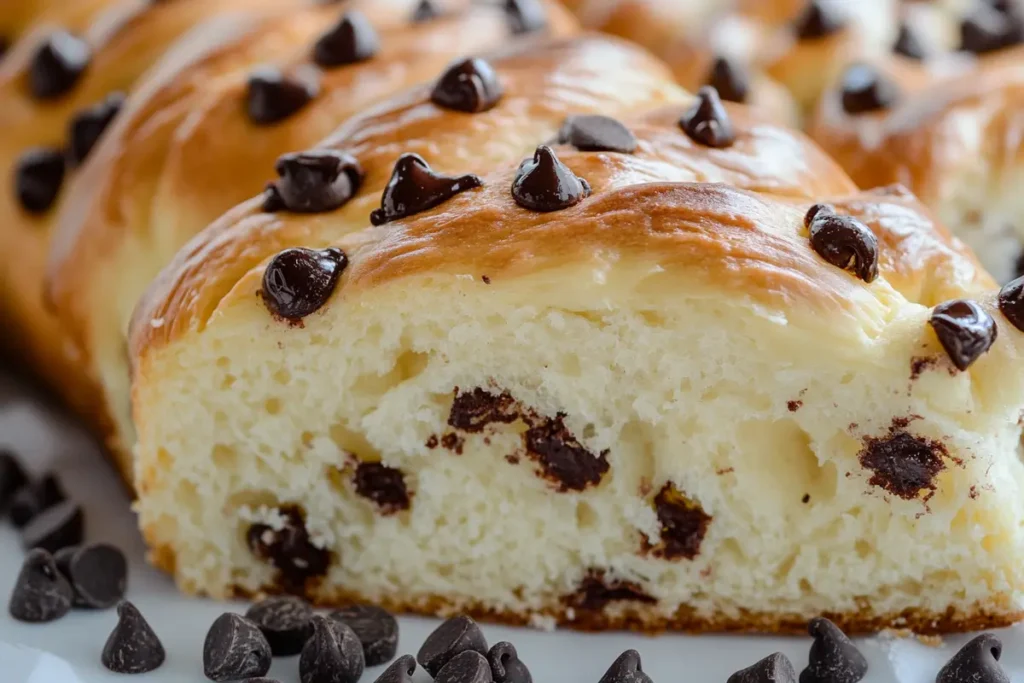 Sliced braided chocolate chip brioche recipe