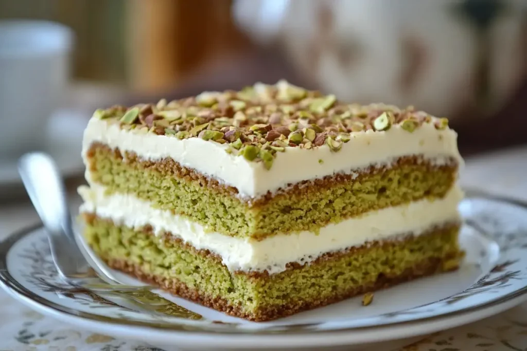 Slices of delicious pistachio torte on a plate.