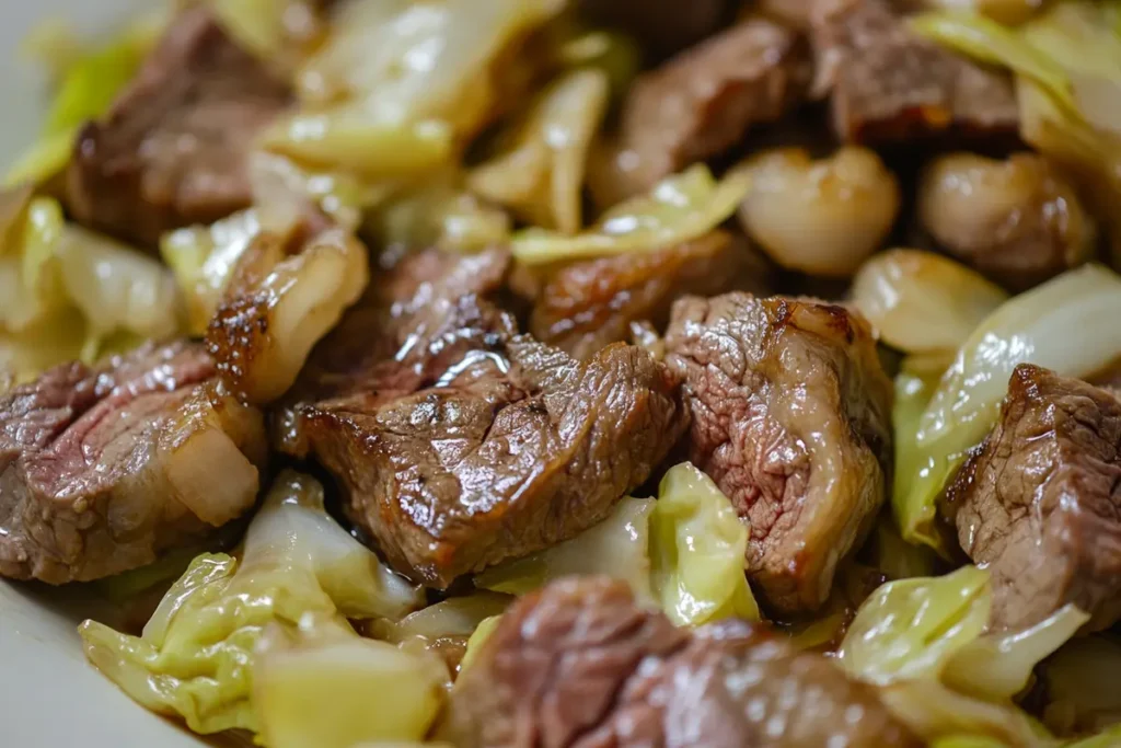 Plated steak and cabbage meal.