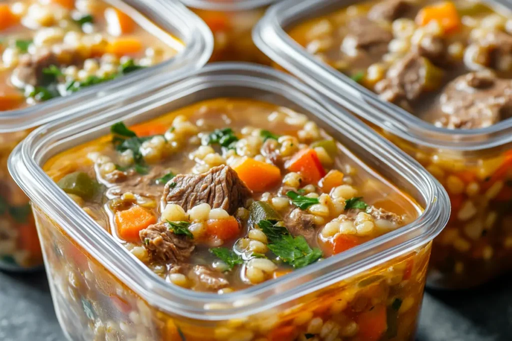 Freezing leftover old grandma recipes beef and barley soup recipe in containers.