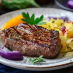 Savory steak and cabbage ready to eat.