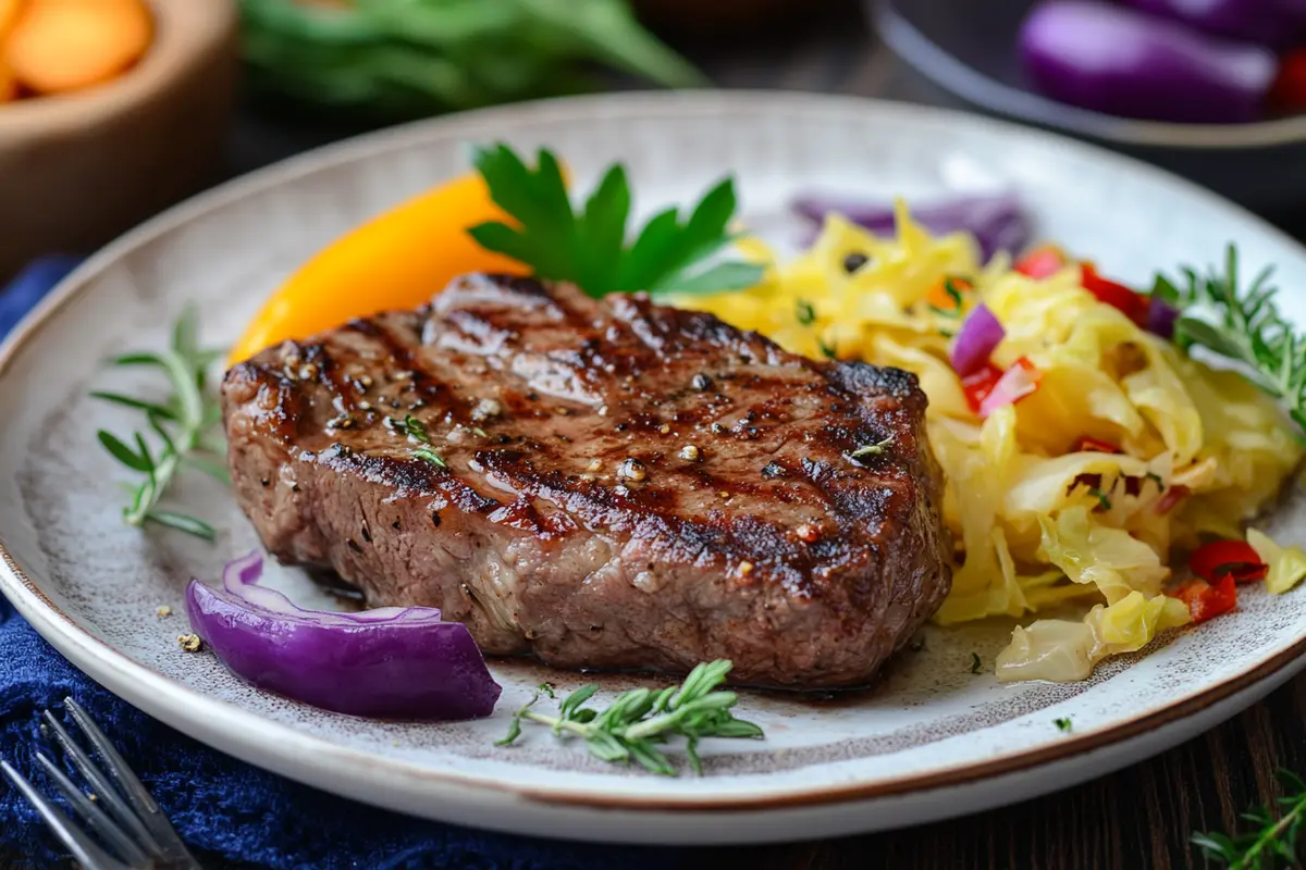 Savory steak and cabbage ready to eat.