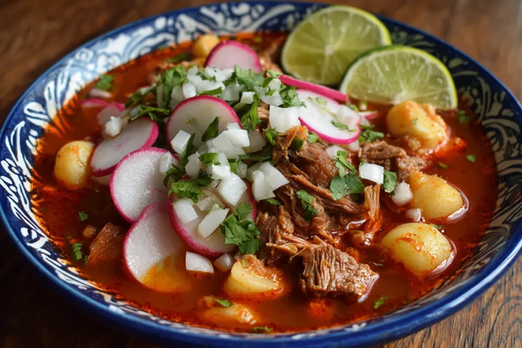 A traditional Mexican pozole rojo served in a blue ceramic bowl, topped with sliced radishes, chopped onions, cilantro, and lime wedges.