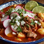A traditional Mexican pozole rojo served in a blue ceramic bowl, topped with sliced radishes, chopped onions, cilantro, and lime wedges.