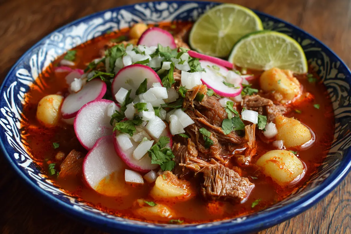 A traditional Mexican pozole rojo served in a blue ceramic bowl, topped with sliced radishes, chopped onions, cilantro, and lime wedges.
