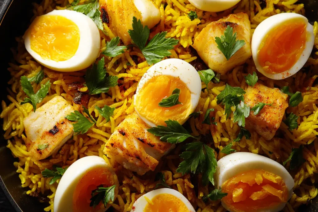 egg and fish dish kedgeree with rice and smoked haddock