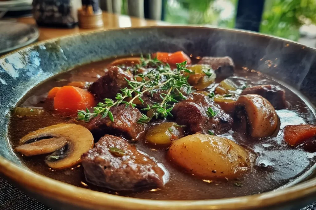 Keto beef stew served in rustic bowl with tender beef and vegetables
