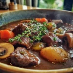Keto beef stew served in rustic bowl with tender beef and vegetables