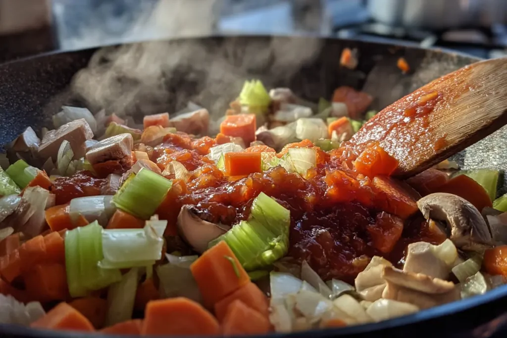 Keto beef stew with mushrooms, carrots, celery, and onions sautéing in skillet