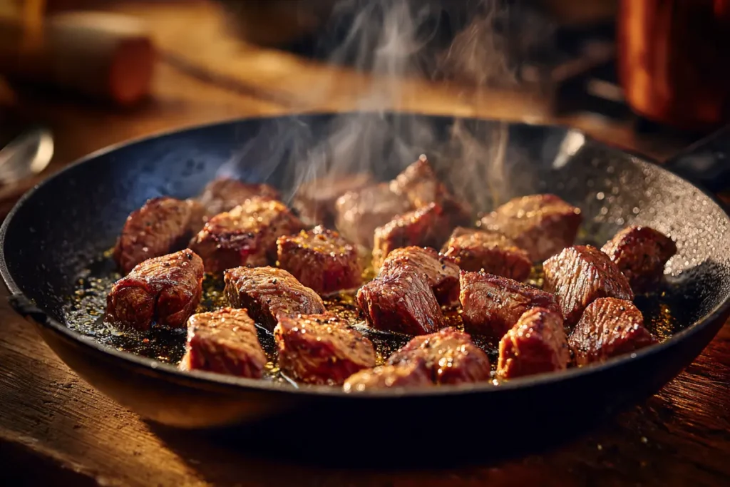 Keto beef stew recipe – searing beef chunks in skillet for rich flavor